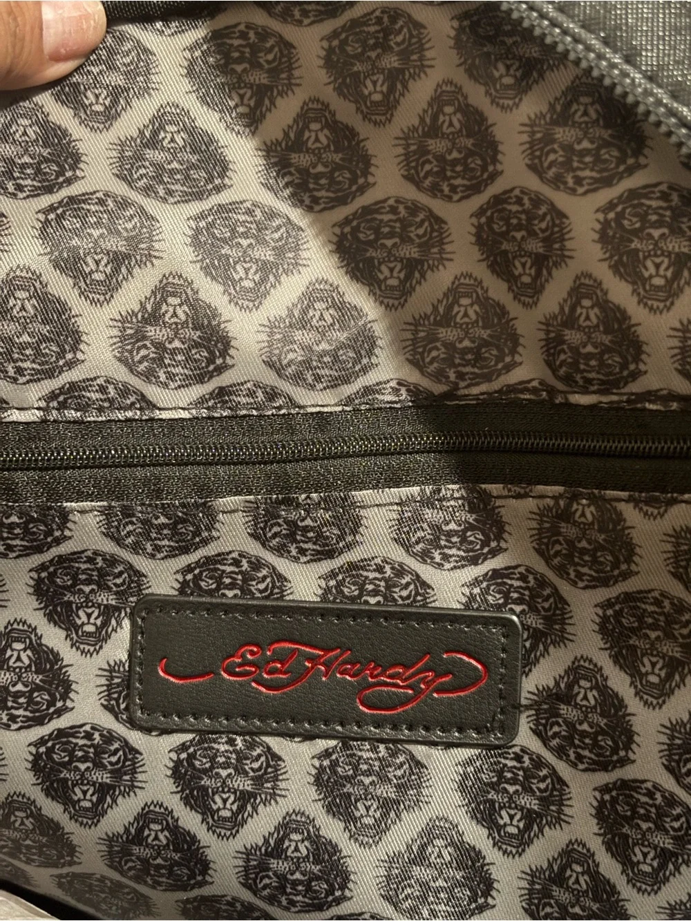 Ed Hardy Unisex Black Backpack with Red Heart and White Skull Graphic